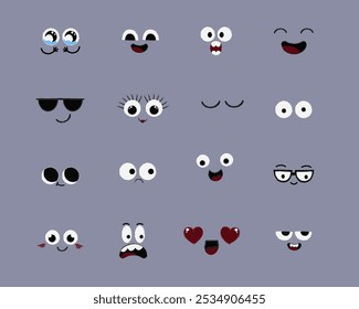 Face emotions, comic expressions, cute crazy eyes collection isolated. Doodle smiley mood comic design elements. Emotional comic face with eyes, mouths, tongue and teeth.