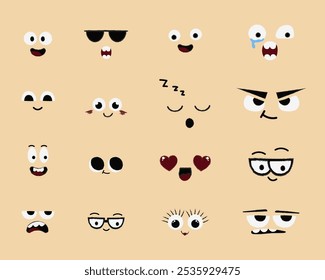 Face emotions, comic expressions, cute crazy eyes collection isolated. Doodle smiley mood comic design elements. Emotional comic face with eyes, mouths, tongue and teeth.