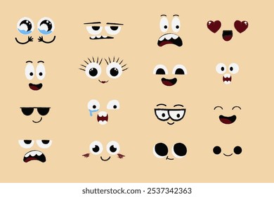 Emoções de rosto, expressões cômicas, coleção de olhos loucos bonitos isolados. Desenhar elementos de design cômico com humor sorridente. Rosto cômico emocional com olhos, bocas, língua e dentes.