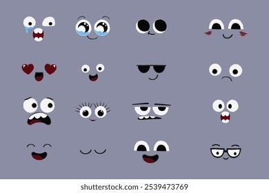 Face emotions, comic expressions, cute crazy eyes collection isolated. Doodle smiley mood comic design elements. Emotional comic face with eyes, mouths, tongue and teeth.