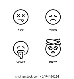 Face emotions, sick, tired, vomit, dizzy icons set. Stroke outline style. Vector. Isolate on white background.