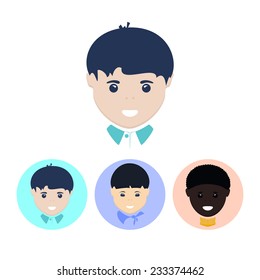 Face of the European boy. Set of three round colorful icons , face of the european and asian and african-american boys,   vector illustration
