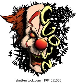 face of an evil clown with the words "clown" on a black background