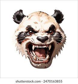 The face of an evil panda with a snarl of its mouth. A template for the design of a merch or logo. Isolated on a white background. Vector illustration.