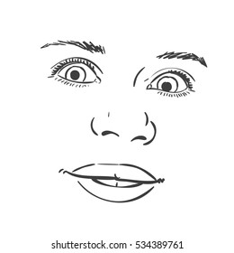 Face of excited young girl, Vector sketch Hand drawn illustration.