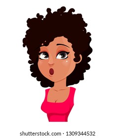 Face expression of African American woman in red blouse, surprised. Female emotion. Beautiful cartoon character. Vector illustration isolated on white background.