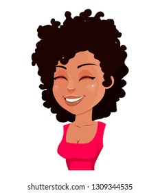 Face expression of African American woman in red blouse, laughing. Female emotion. Beautiful cartoon character. Vector illustration isolated on white background.