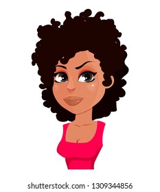 Face expression of African American woman in red blouse, angry. Female emotion. Beautiful cartoon character. Vector illustration isolated on white background.