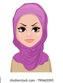 Face expression of Arabic woman - angry. Female emotions. Attractive cartoon character. Vector illustration isolated on white background.
