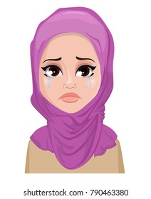 Face expression of Arabic woman - crying. Female emotions. Attractive cartoon character. Vector illustration isolated on white background.