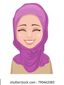 Face expression of Arabic woman - happy. Female emotions. Attractive cartoon character. Vector illustration isolated on white background.