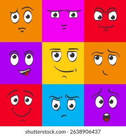 Face expression avatar collection with cartoon emoji reaction colorful child background head emotion human drawing cute person fun mood tears psychology funny concept kid vertical vector