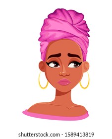 Face expression of beautiful African American woman, disappointed. Female emotion. Cute cartoon character. Vector illustration isolated on white background.