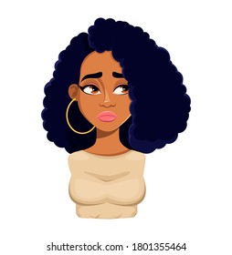 Face expression of beautiful African American woman, disappointed. Female emotion. Cute lady cartoon character. Vector illustration on white background.