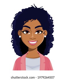 Face expression of beautiful African American woman, cheerful. Female emotion. Cute cartoon character in flat style. Usable for avatar, emoticon etc. Vector illustration