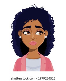 Face expression of beautiful African American woman, disappointed. Female emotion. Cute cartoon character in flat style. Usable for avatar, emoticon etc. Vector illustration