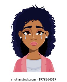 Face expression of beautiful African American woman, crying. Female emotion. Cute cartoon character in flat style. Usable for avatar, emoticon etc. Vector illustration