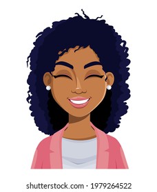 Face expression of beautiful African American woman, laughing. Female emotion. Cute cartoon character in flat style. Usable for avatar, emoticon etc. Vector illustration