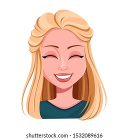 Face expression of beautiful blonde woman, laughing. Female emotion. Cute lady cartoon character. Vector illustration isolated on white background.