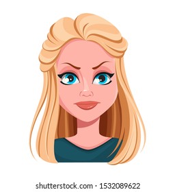 Face expression of beautiful blonde woman, angry. Female emotion. Cute lady cartoon character. Vector illustration isolated on white background.