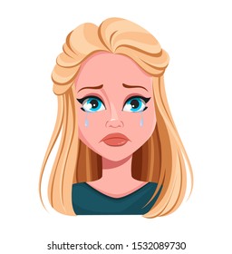 Face expression of beautiful blonde woman, crying. Female emotion. Cute lady cartoon character. Vector illustration isolated on white background.