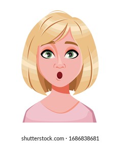 Face expression of beautiful blonde woman, surprised. Female emotion. Cute lady cartoon character. Vector illustration isolated on white background.