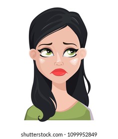 Face expression of beautiful brunette woman in green blouse. Female emotions. Disappointed cartoon character. Vector illustration isolated on white background.
