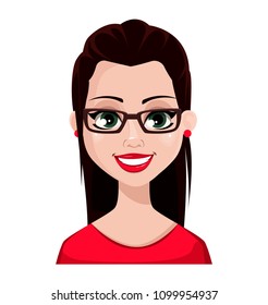 Face expression of beautiful brunette woman in glasses and red blouse. Female emotions. Smiling cartoon character. Vector illustration isolated on white background.
