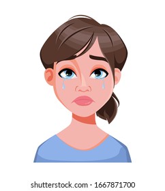 Face expression of beautiful business woman, crying. Female emotion. Cute lady cartoon character. Vector illustration isolated on white background.