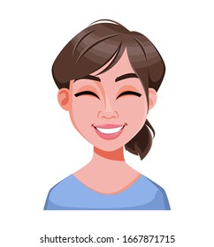 Face expression of beautiful business woman, laughing. Female emotion. Cute lady cartoon character. Vector illustration isolated on white background.