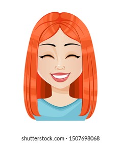 Face expression of beautiful redhead woman, laughing. Female emotion. Cute cartoon character. Vector illustration isolated on white background.