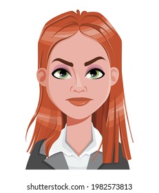 Face expression of beautiful redhead woman, angry. Female emotion. Cute cartoon character in flat style. Usable for avatar, emoticon etc. Vector illustration