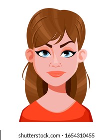 Face expression of beautiful woman, angry. Female emotion. Cute cartoon character. Vector illustration isolated on white background.