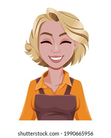 Face expression of beautiful woman barista, laughing