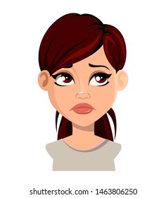 Face expression of beautiful woman with brown hair, sad. Female emotion. Cute cartoon character, avatar. Vector illustration isolated on white background.