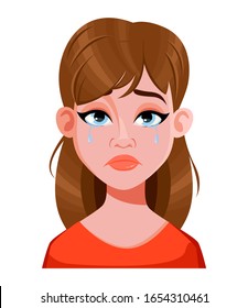 Expresión de cara de hermosa mujer, llorando. Emoción femenina. Personaje de dibujos animados. Ilustración vectorial aislada en fondo blanco.