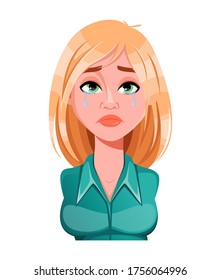 Face expression of beautiful woman, crying. Female emotion. Cute lady cartoon character. Vector illustration isolated on white background.