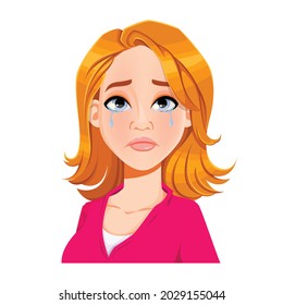 Face expression of beautiful woman, crying. Female emotion. Cute cartoon character blond lady