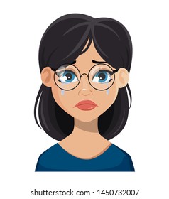 Face expression of beautiful woman with dark hair in glasses, crying. Female emotion. Cute cartoon character. Vector illustration isolated on white background.