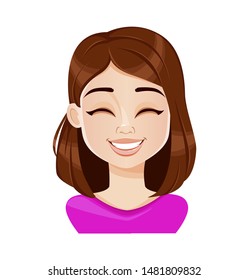 Face expression of beautiful woman in purple blouse, laughing. Female emotion. Cute cartoon character. Vector illustration isolated on white background.
