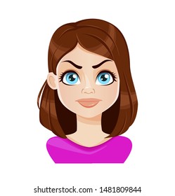Face expression of beautiful woman in purple blouse, displeased. Female emotion. Cute cartoon character. Vector illustration isolated on white background.