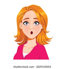 Face expression of beautiful woman, surprised. Female emotion. Cute cartoon character blond lady. 