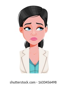 Face expression of beautiful young doctor woman, disappointed. Female emotion. Cute cartoon character. Stock vector illustration isolated on white background.