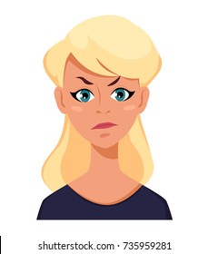 Face expression of a blonde woman - dissatisfied, angry. Female emotions. Attractive cartoon character. Vector illustration isolated on white background.