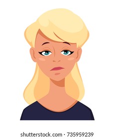 Face expression of a blonde woman - tired. Female emotions. Attractive cartoon character. Vector illustration isolated on white background.