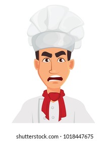 Face expression of chef man â?? angry. Restaurant staff character. Vector illustration isolated on white background.