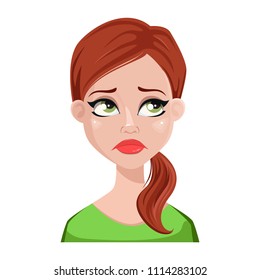 Face expression of cleaner woman with brown hair. Female emotion, disappointed. Beautiful cartoon character. Vector illustration isolated on white background.