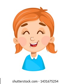 Face expression of cute little girl, laughing. Emotion of pretty girl cartoon character. Vector illustration isolated on white background