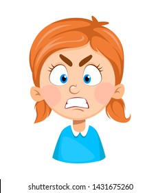 Face expression of cute little girl, angry. Emotion of pretty girl cartoon character. Vector illustration isolated on white background