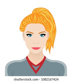 Face expression of a cute woman. Female emotion. Attractive cartoon character. Vector illustration isolated on white, grey, colour background.
